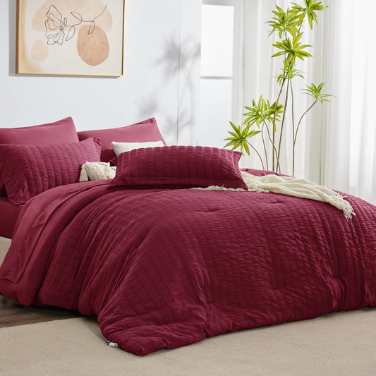 CozyLux Queen Seersucker Comforter Set with Sheets Burgundy Bed in a Bag 7-Pieces All Season Bedding Sets with Comforter, Pillow Sham, Flat Sheet, Fitted Sheet, Pillowcase, Red, Queen