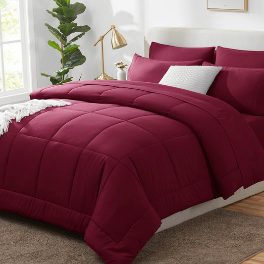 CozyLux Red Comforter Set King - 7 Pieces Bed in a Bag King Size Comforter Set, Bedding Sets King with All Season Quilted Comforter, Flat Sheet, Fitted Sheet, Pillowcases, Burgundy, King