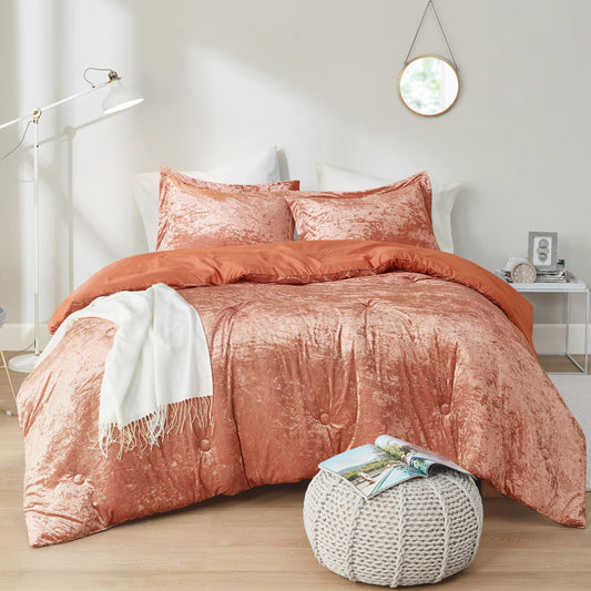 Comfort Spaces Luxe King Comforter Set Velvet Comforters for King Size Bed, Microfiber Reverse, Juliette, All Season Velvet Bedding King Size, Fluffy Bed Set, Sham, King, Burnt Orange 3 Piece