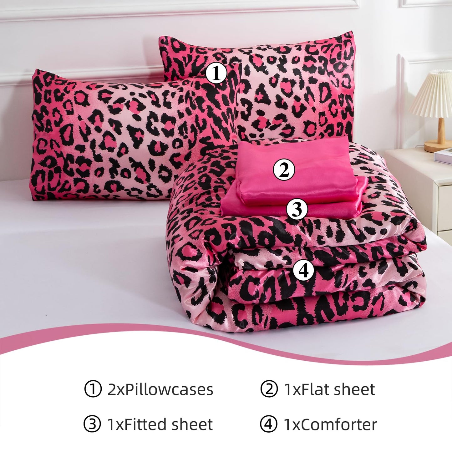 A Nice Night Leopard Printed，Satin Silky Soft Quilt Sexy Luxury Super Soft Microfiber Comforter Quilt Bedding Comforter Set Full/Queen, Light Weighted (Pink, Queen(88-by-88-inches))