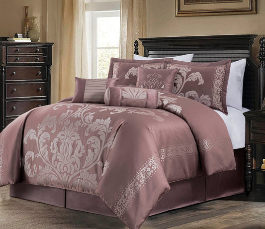 Chezmoi Collection 7-Piece Jacquard Floral Comforter Set (King, Woodrose/Gray)