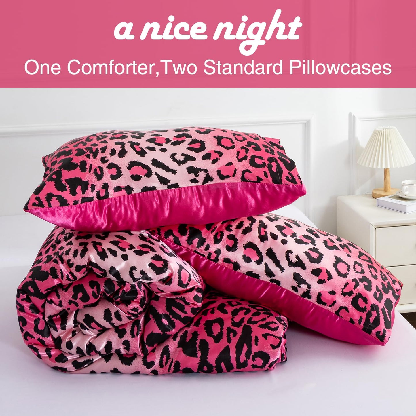 A Nice Night Leopard Printed，Satin Silky Soft Quilt Sexy Luxury Super Soft Microfiber Comforter Quilt Bedding Comforter Set Full/Queen, Light Weighted (Pink, Queen(88-by-88-inches))