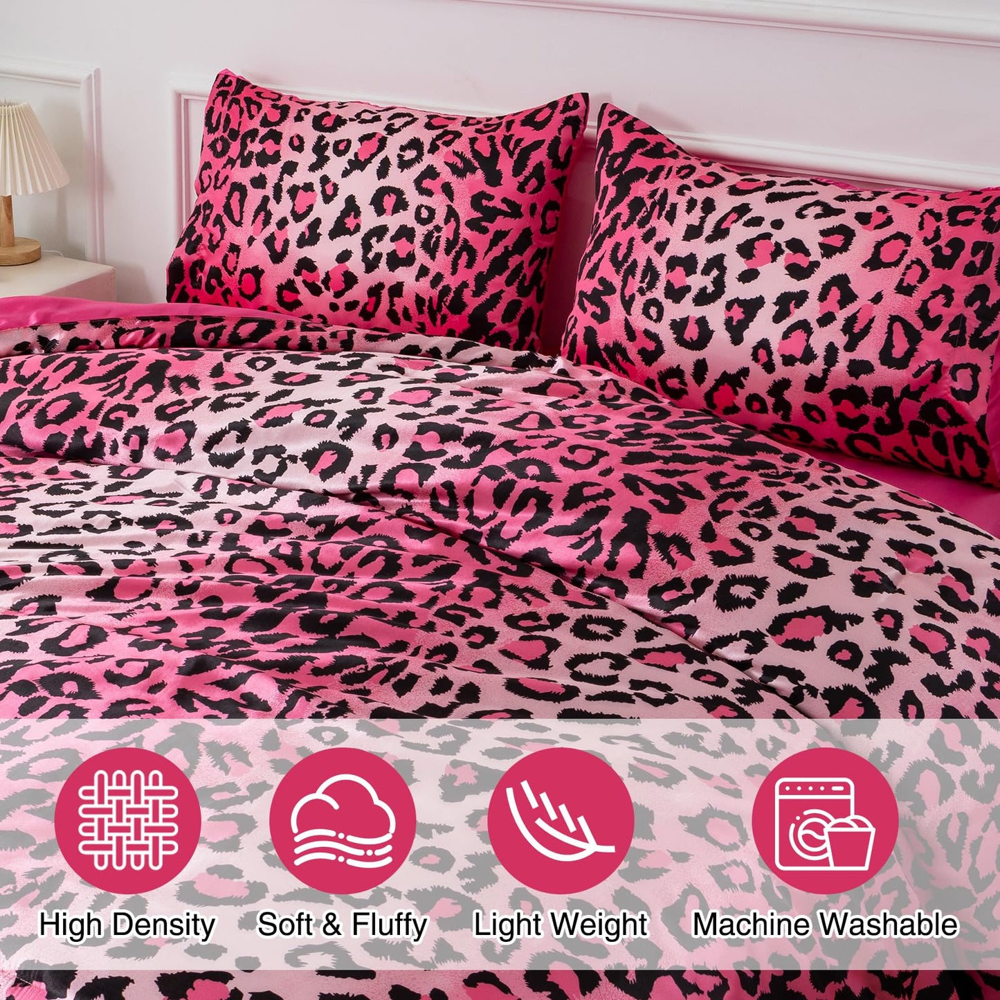 A Nice Night Leopard Printed，Satin Silky Soft Quilt Sexy Luxury Super Soft Microfiber Comforter Quilt Bedding Comforter Set Full/Queen, Light Weighted (Pink, Queen(88-by-88-inches))